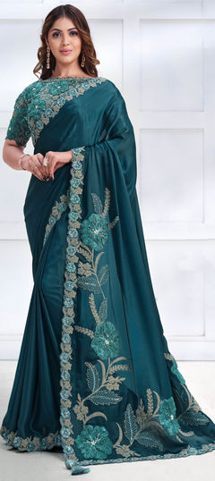 Bridal, Traditional, Wedding Blue color Saree in Satin Silk fabric with Classic Bugle Beads, Embroidered, Sequence, Thread work : 1956797