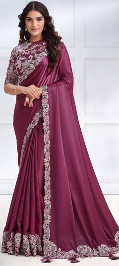 Bridal, Traditional, Wedding Purple and Violet color Saree in Satin Silk fabric with Classic Bugle Beads, Embroidered, Sequence, Thread work : 1956800