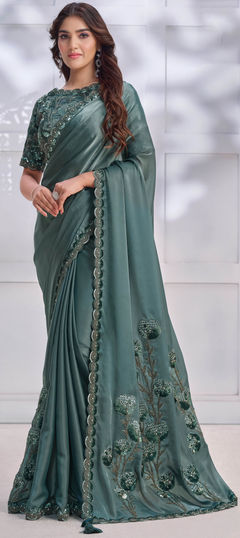 Bridal, Traditional, Wedding Blue color Saree in Satin Silk fabric with Classic Embroidered, Sequence, Thread work : 1956801