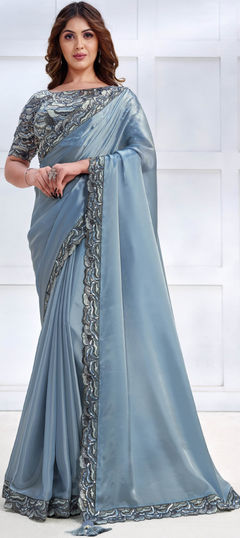 Blue color Saree in Satin Silk fabric with Embroidered, Sequence, Thread work