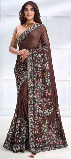 Bridal, Wedding Beige and Brown color Saree in Georgette fabric with Classic Embroidered, Sequence, Thread work : 1956804