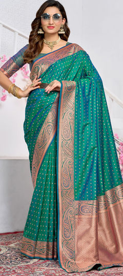 Green color Saree in Silk fabric with Weaving, Zari work