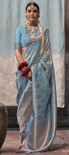 Party Wear, Traditional, Wedding Blue, Gold color Saree in Silk fabric with South Weaving work : 1956851