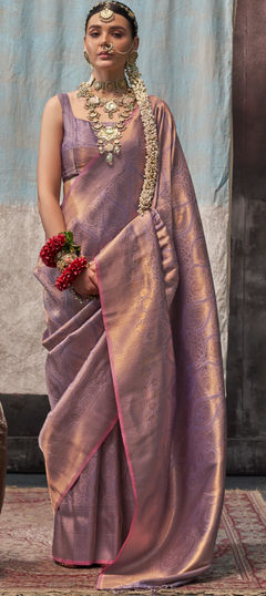 Party Wear, Traditional, Wedding Gold, Pink and Majenta color Saree in Silk fabric with South Weaving work : 1956852