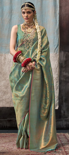 Party Wear, Traditional, Wedding Gold, Green color Saree in Silk fabric with South Weaving work : 1956853