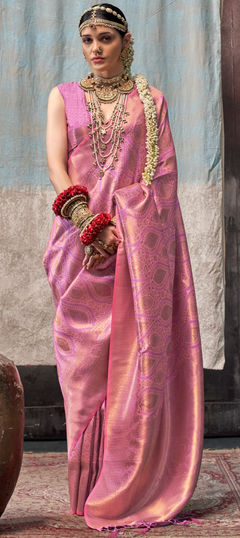 Party Wear, Traditional, Wedding Gold, Pink and Majenta color Saree in Silk fabric with South Weaving work : 1956854