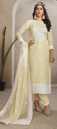 Beige and Brown color Salwar Kameez in Organza Silk fabric with Embroidered, Stone, Thread work