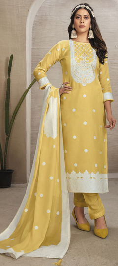 Yellow color Salwar Kameez in Organza Silk fabric with Embroidered, Stone, Thread work