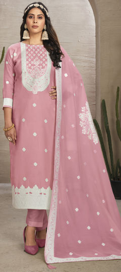 Pink and Majenta color Salwar Kameez in Organza Silk fabric with Embroidered, Stone, Thread work