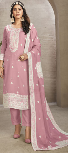 Pink and Majenta color Salwar Kameez in Organza Silk fabric with Bugle Beads, Embroidered, Thread work