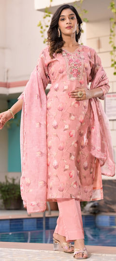 Festive, Party Wear, Summer Pink and Majenta color Salwar Kameez in Linen fabric with Pakistani, Straight Floral, Printed, Resham, Thread work : 1956895