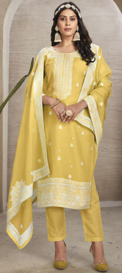 Yellow color Salwar Kameez in Organza Silk fabric with Bugle Beads, Embroidered, Thread work