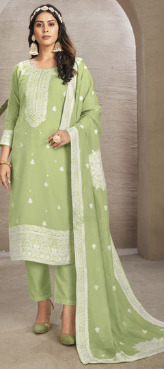 Green color Salwar Kameez in Organza Silk fabric with Bugle Beads, Embroidered, Thread work