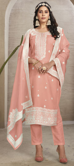 Pink and Majenta color Salwar Kameez in Organza Silk fabric with Bugle Beads, Embroidered, Thread work