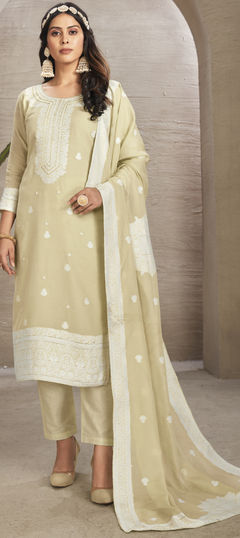 Beige and Brown color Salwar Kameez in Organza Silk fabric with Bugle Beads, Embroidered, Thread work