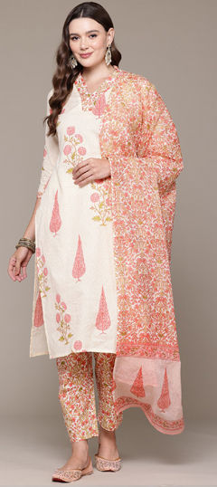 Beige and Brown, Pink and Majenta color Salwar Kameez in Cotton fabric with Floral, Printed, Sequence work