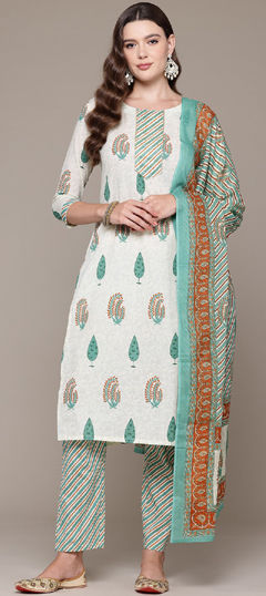 Beige and Brown, Green color Salwar Kameez in Cotton fabric with Cut Dana, Printed work