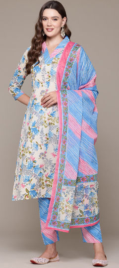 Blue color Salwar Kameez in Cotton fabric with Cut Dana, Printed work