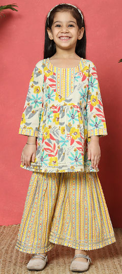 Yellow color Girls Top with Bottom in Cotton fabric with Gota Patti, Printed work