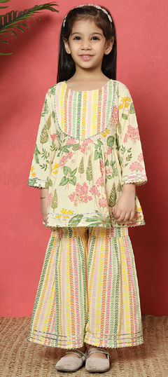 Beige and Brown color Girls Top with Bottom in Cotton fabric with Gota Patti, Printed work