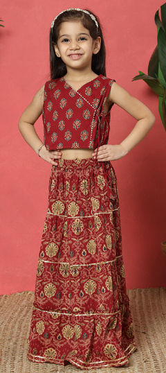 Red and Maroon color Kids Lehenga in Cotton fabric with Floral, Gota Patti, Printed work