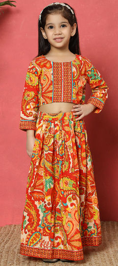 Orange color Kids Lehenga in Cotton fabric with Floral, Gota Patti, Printed work