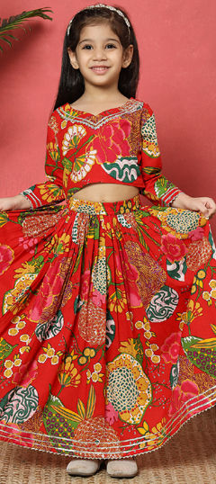 Red and Maroon color Kids Lehenga in Cotton fabric with Gota Patti, Printed work