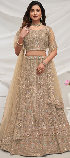 Bridal, Wedding Beige and Brown color Lehenga in Net fabric with Flared Embroidered, Resham, Sequence, Thread, Zari work : 1957060