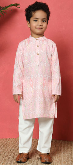 Pink and Majenta color Boys Kurta Pyjama in Cotton fabric with Bandhej, Printed, Thread, Zari work