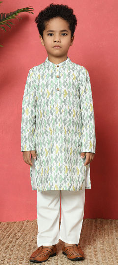 Green color Boys Kurta Pyjama in Cotton fabric with Printed, Thread, Zari work