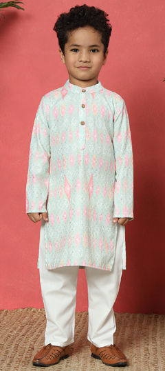 Green color Boys Kurta Pyjama in Cotton fabric with Bandhej, Printed, Thread, Zari work