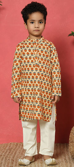 Orange color Boys Kurta Pyjama in Cotton fabric with Floral, Printed work