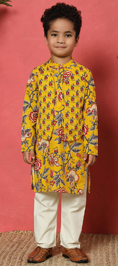 Festive, Reception, Wedding Yellow color Boys Kurta Pyjama with Jacket in Cotton fabric with Floral, Printed work : 1957078