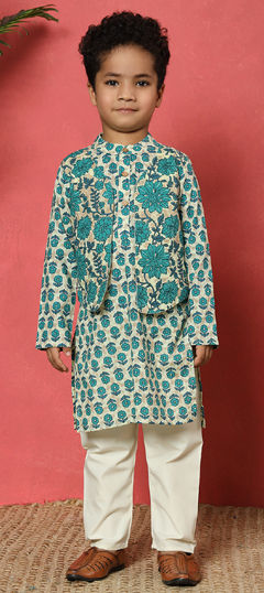 Festive, Reception, Wedding Blue color Boys Kurta Pyjama with Jacket in Cotton fabric with Floral, Printed work : 1957080