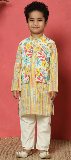 Festive, Reception, Wedding Yellow color Boys Kurta Pyjama with Jacket in Cotton fabric with Printed work : 1957081