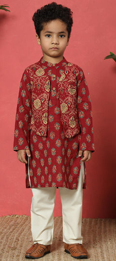 Festive, Reception, Wedding Red and Maroon color Boys Kurta Pyjama with Jacket in Cotton fabric with Floral, Printed work : 1957082