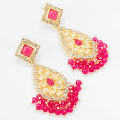 Gold Rodium Polish Pink and Majenta color Earrings in Metal Alloy studded with Kundan, Pearl