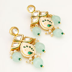 Gold Rodium Polish Green color Earrings in Brass studded with Kundan, Pearl