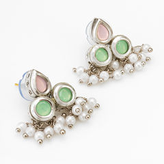 Silver Rodium Polish Multicolor color Earrings in Brass studded with Kundan, Pearl