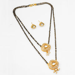 Gold Rodium Polish White and Off White color Mangalsutra in Brass studded with Kundan, Pearl