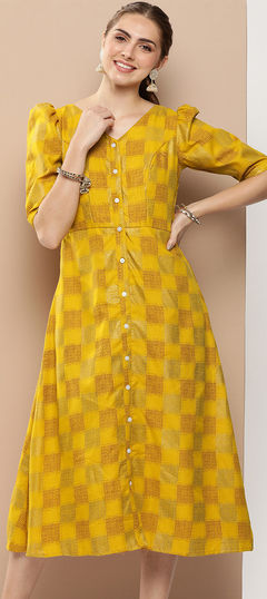 Yellow color Dress in Rayon fabric with Foil Print work