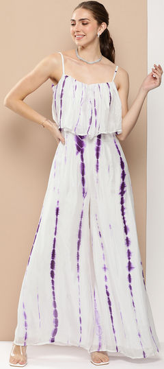 Party Wear White and Off White color JumpSuit in Georgette fabric with Printed, Tye n Dye work : 1957280