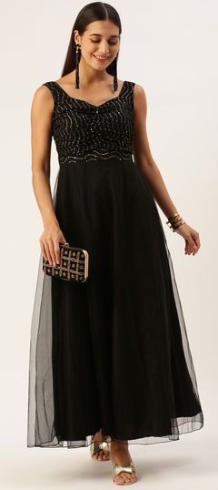 Party Wear Black and Grey color Dress in Net fabric with Embroidered, Sequence, Thread work : 1957286