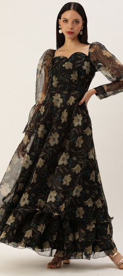 Party Wear Black and Grey color Dress in Organza Silk fabric with Floral, Printed work : 1957299