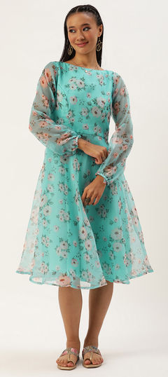 Party Wear Blue color Dress in Organza Silk fabric with Floral work : 1957304