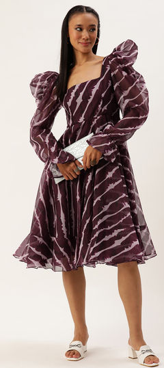 Purple and Violet color Dress in Organza Silk fabric with Digital Print, Lehariya work