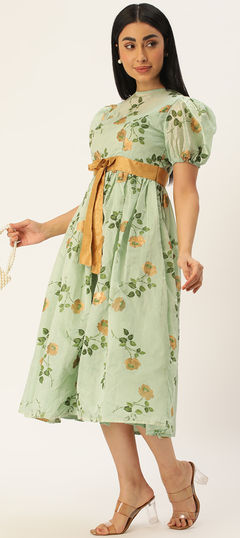 Party Wear Green color Dress in Art Silk fabric with Floral, Foil Print work : 1957315