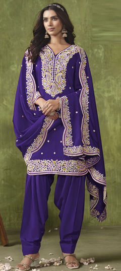 Festive, Party Wear, Reception Purple and Violet color Salwar Kameez in Chanderi Silk fabric with Patiala, Straight Embroidered, Resham, Thread work : 1957374