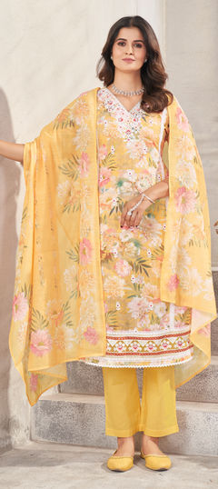 Yellow color Salwar Kameez in Linen fabric with Floral, Resham, Sequence, Zari work