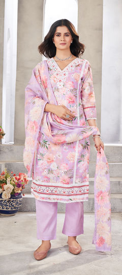 Purple and Violet color Salwar Kameez in Linen fabric with Floral, Resham, Sequence, Zari work